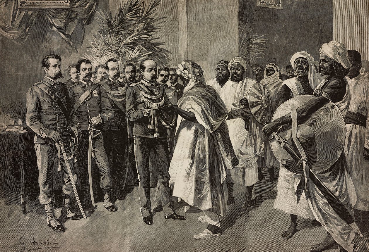 General Tancredi Saletta tilbyr sverd til Kantibai, Chief of Abab, Massawa, Eritrean War, gravering av Ernesto Mancastroppa fra tegning av G Amato, fra L'Illustrazione Italiana No 47, 6. november av Ernesto Mancastroppa