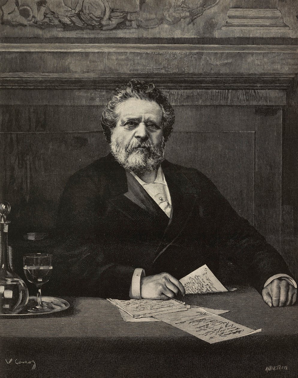 Giosue Carducci (1835-1907), italiensk poet og forfatter, nobelprisvinner i 1906, gravering av Ernesto Mancastroppa fra maleri av Vittorio Corcos, fra L