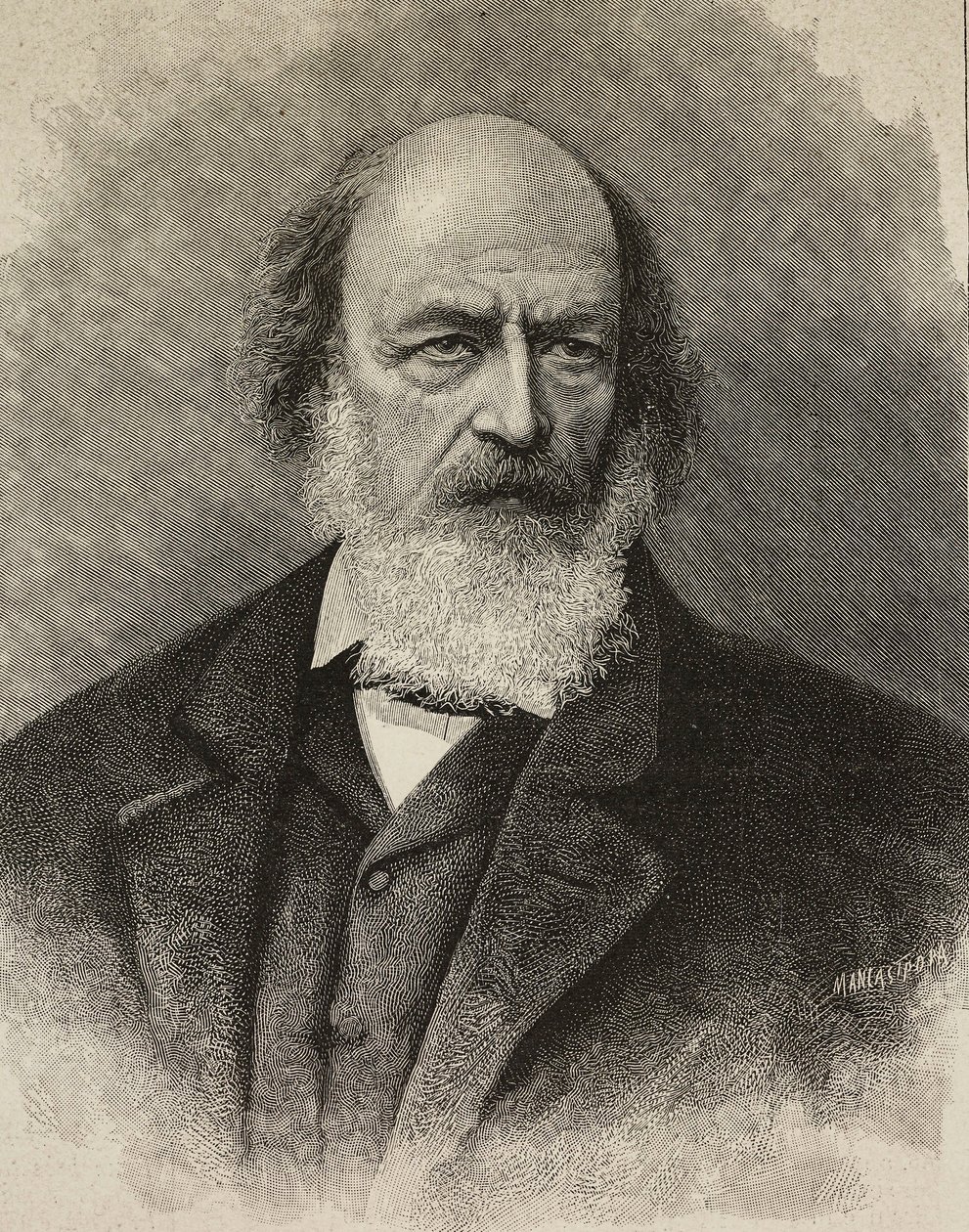 Portrett av Alfred Tennyson (1809-1892), britisk poet, gravering av Ernesto Mancastroppa fra fotografi av Barraud, fra L