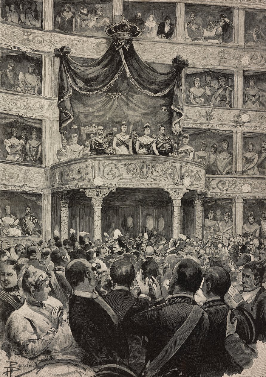 Umberto I og Margherita av Savoyen, akkompagnert av suverene fra Tyskland, på Teatro Argentina i anledning sølvbryllupsfeiringer, 21. april av Ernesto Mancastroppa
