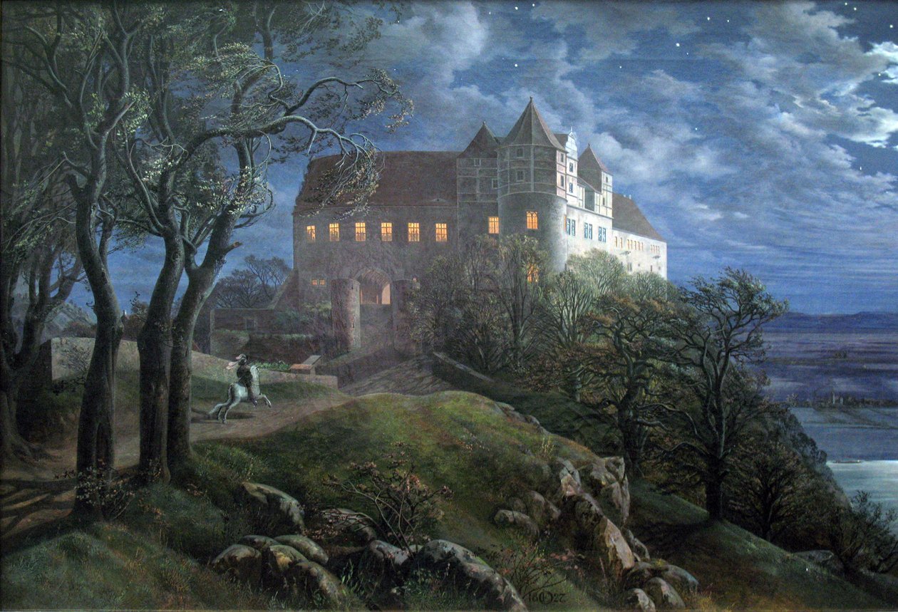 Burg Scharfenberg om natten av Ernst Ferdinand Oehme