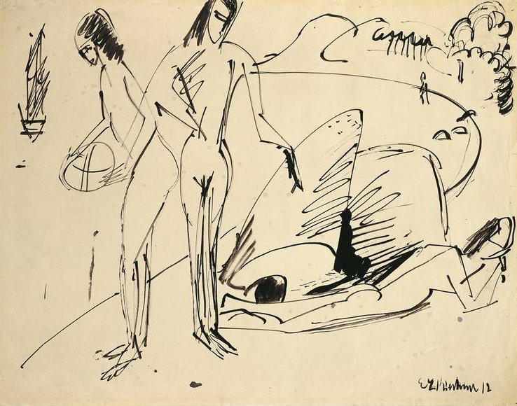 Badende på stranden i Femern av Ernst Ludwig Kirchner