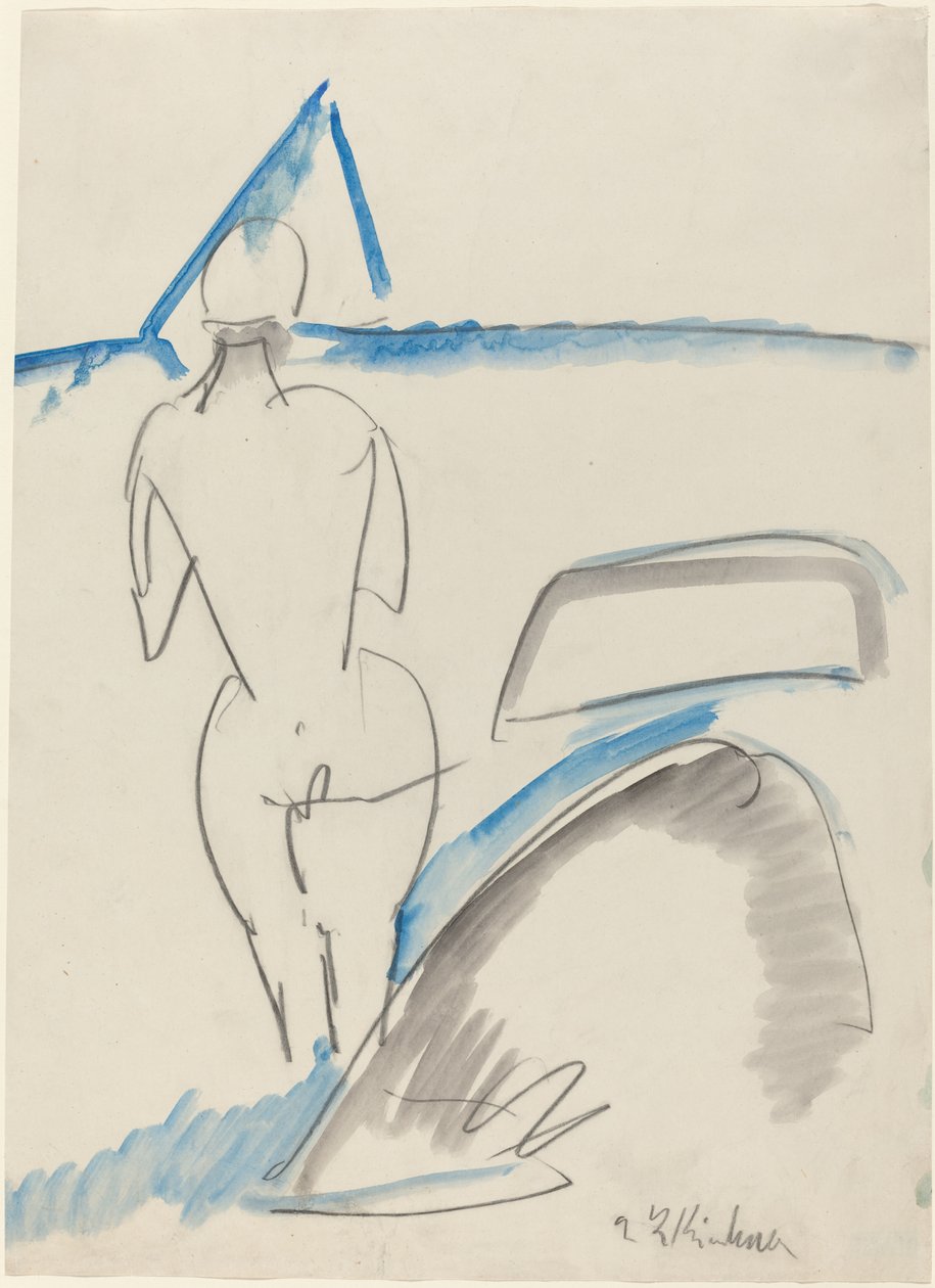 Bather on the Beach, 1912-13 (svart fargestift med blå og grå vask) av Ernst Ludwig Kirchner