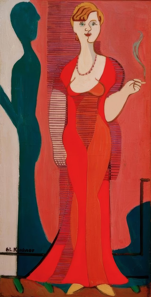 Blond kvinne i rød kjole. Portrett av Elisabeth Hembus av Ernst Ludwig Kirchner