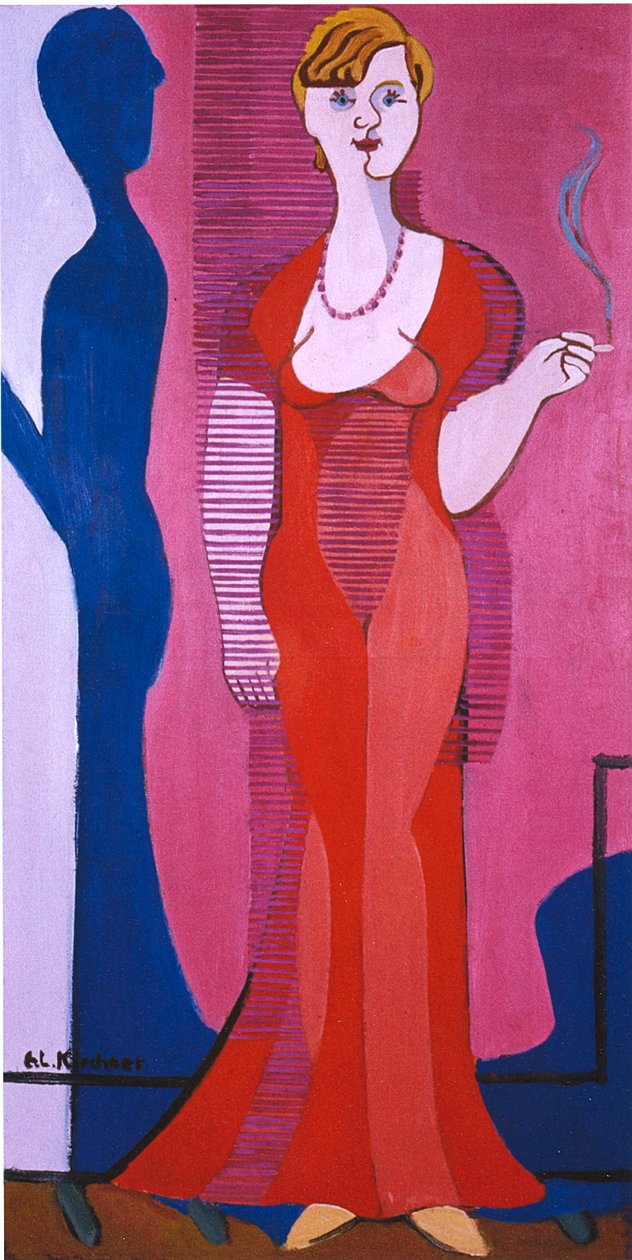 Blond kvinne i rød kjole, portrett Elisabeth Hembus av Ernst Ludwig Kirchner