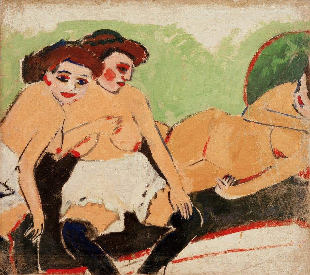 Tre nakenbilder på en svart sofa av Ernst Ludwig Kirchner