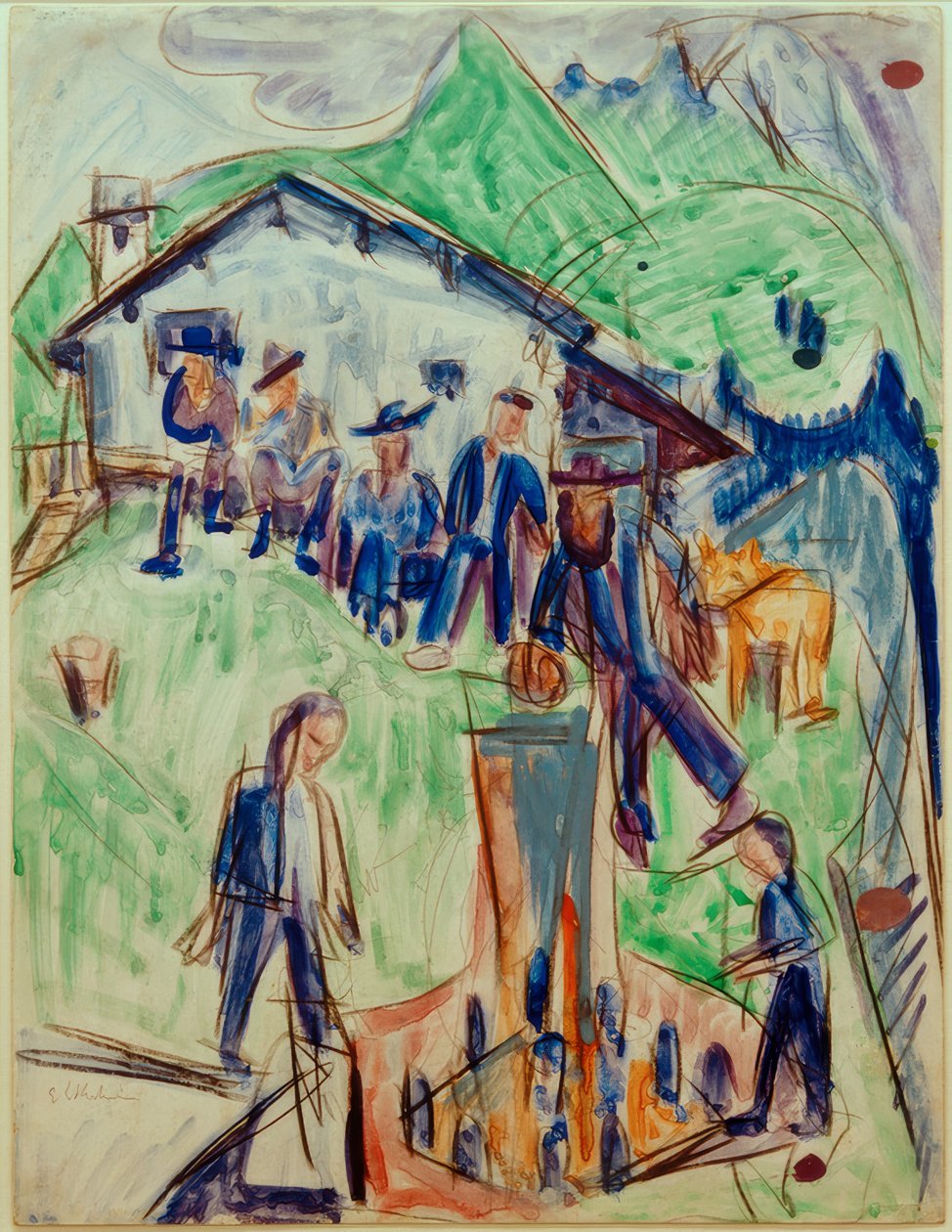 E.L. Kirchner, bønder ved fontenen foran Stafelalp-hytta av Ernst Ludwig Kirchner
