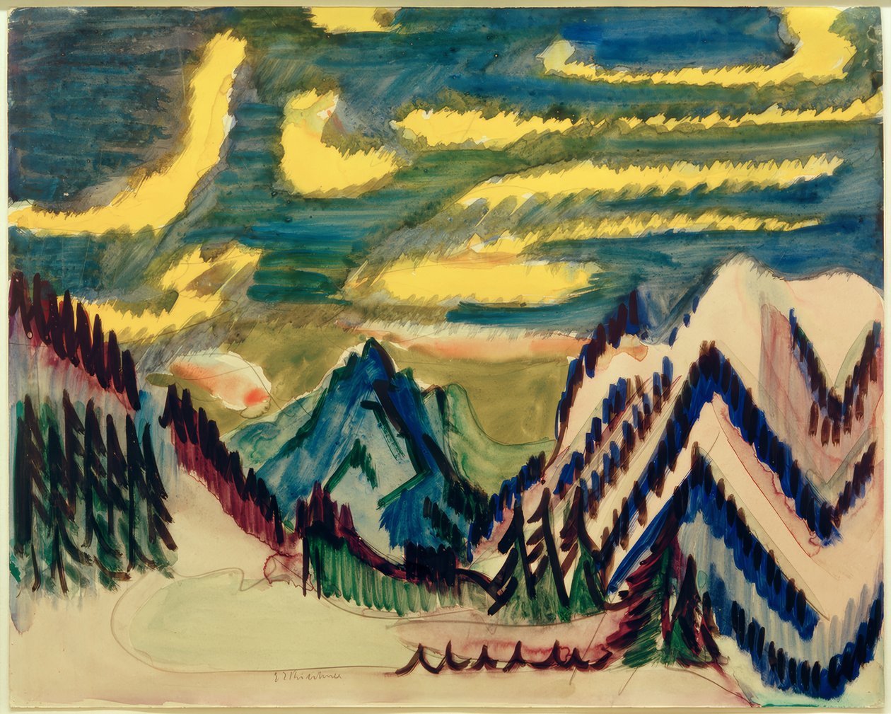 E.L. Kirchner, Davos fjellandskap med gule skyer av Ernst Ludwig Kirchner