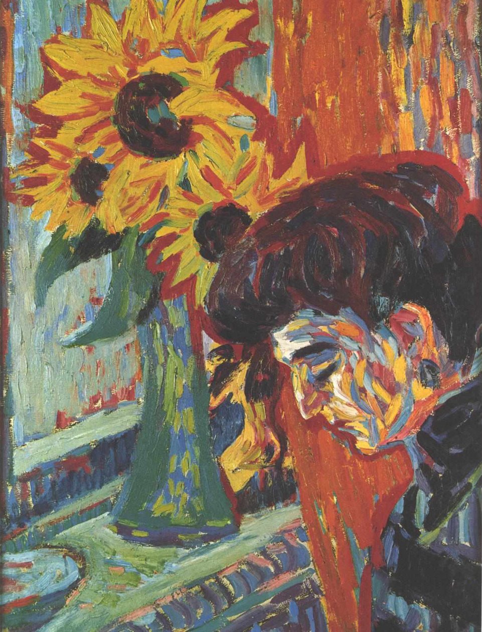 Kvinnens hode foran solsikker av Ernst Ludwig Kirchner
