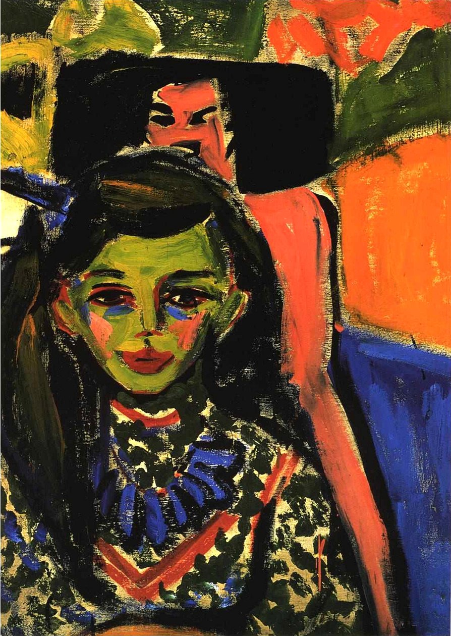 Fränzi foran en utskåret stol av Ernst Ludwig Kirchner