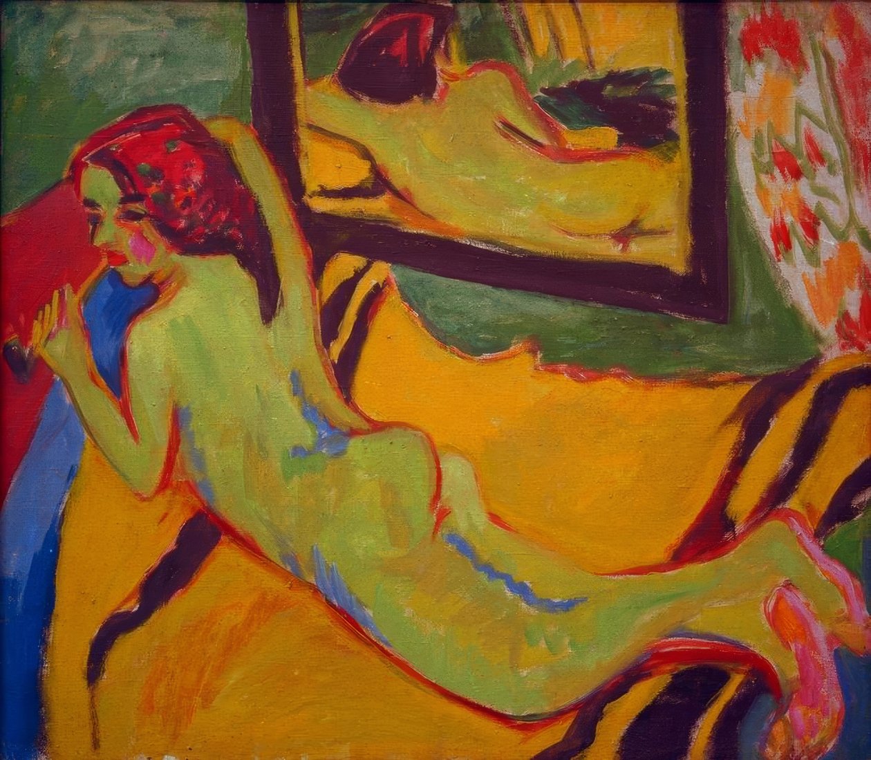Naken liggende foran speilet av Ernst Ludwig Kirchner
