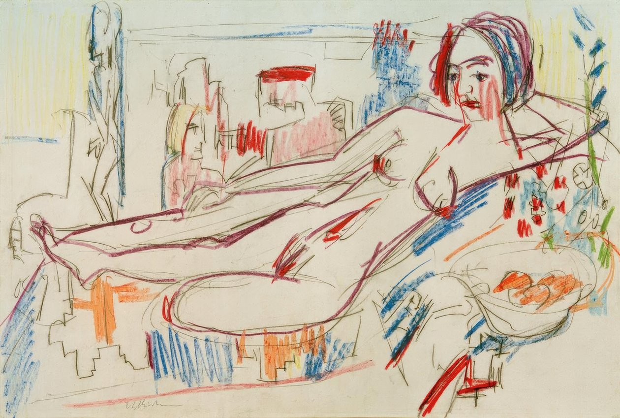 Tilbakelent kvinnelig naken på en ottoman av Ernst Ludwig Kirchner