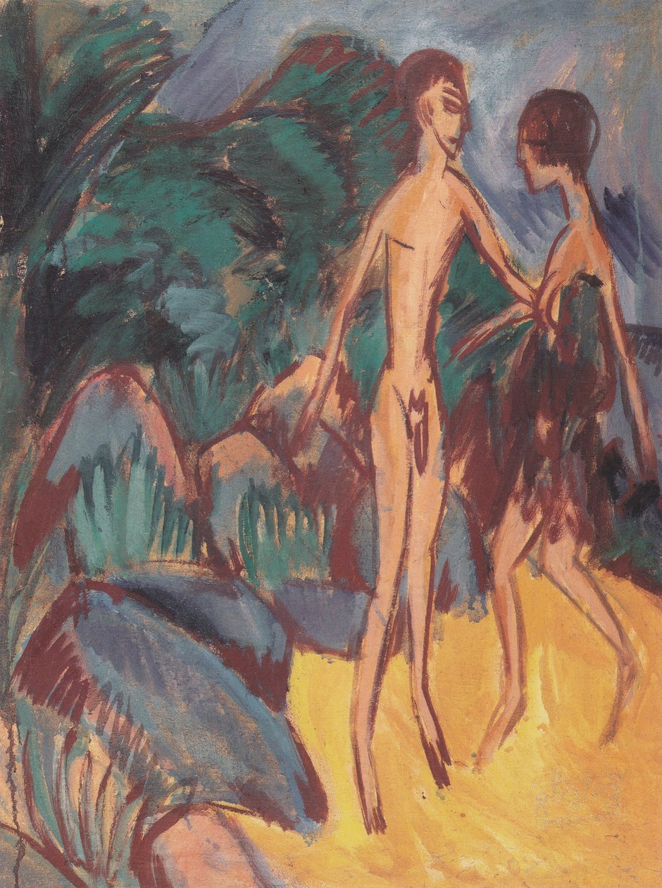 Ung naken mann og jente på stranden av Ernst Ludwig Kirchner