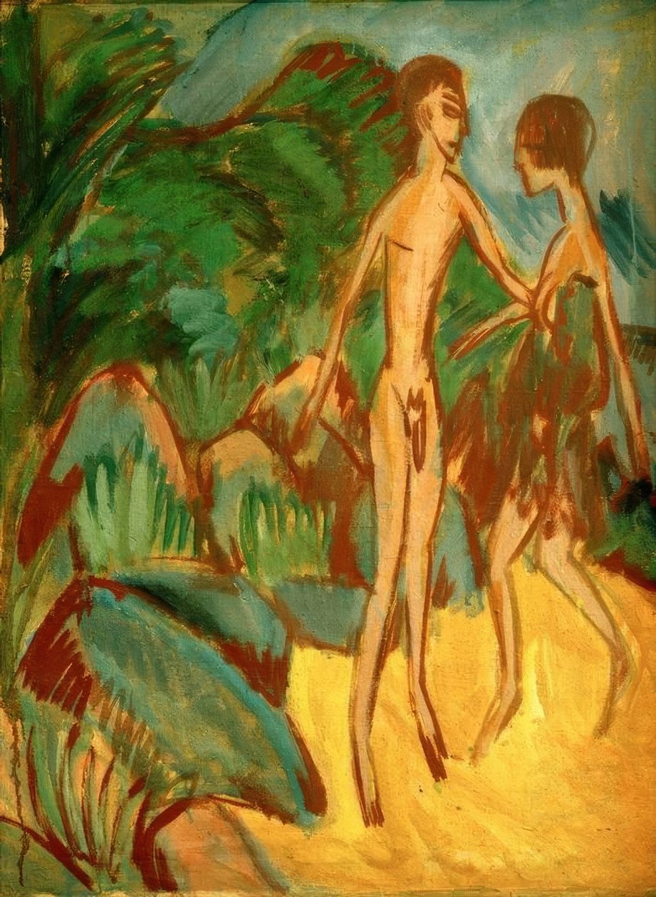 Ung naken mann og jente på stranden av Ernst Ludwig Kirchner