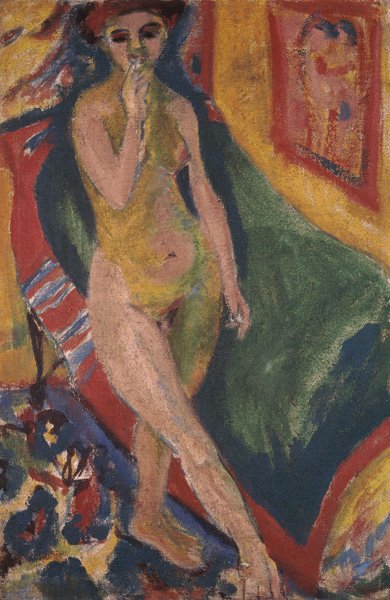 Naken jente foran den grønne sofaen av Ernst Ludwig Kirchner