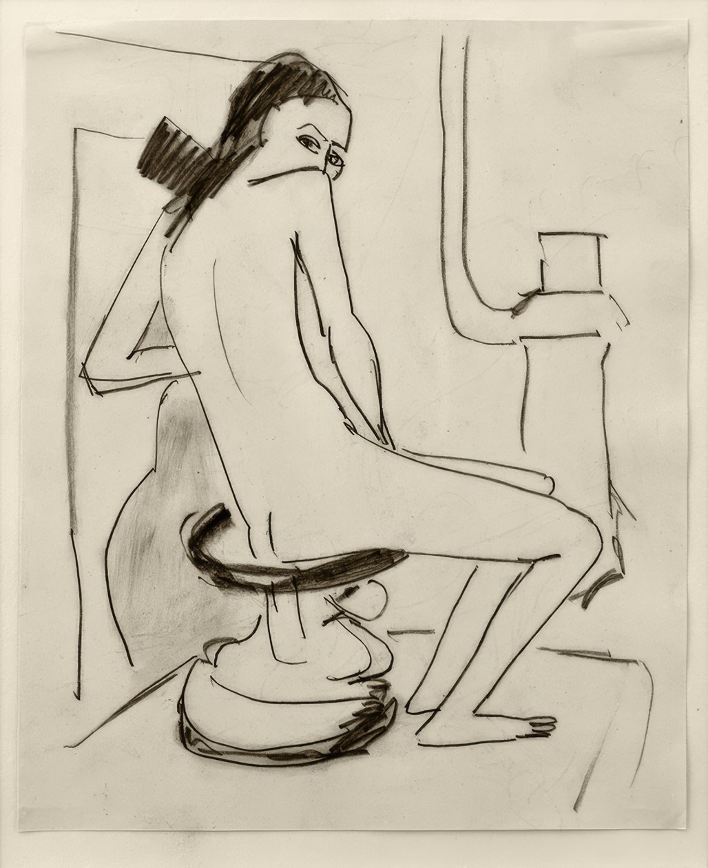 Uten tittel (Marcella på en utskåret afrikansk krakk med komfyr ... av Ernst Ludwig Kirchner