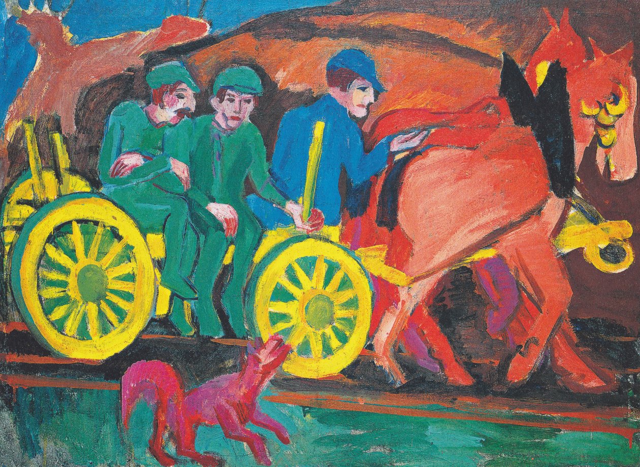 Team med hester med tre bønder av Ernst Ludwig Kirchner