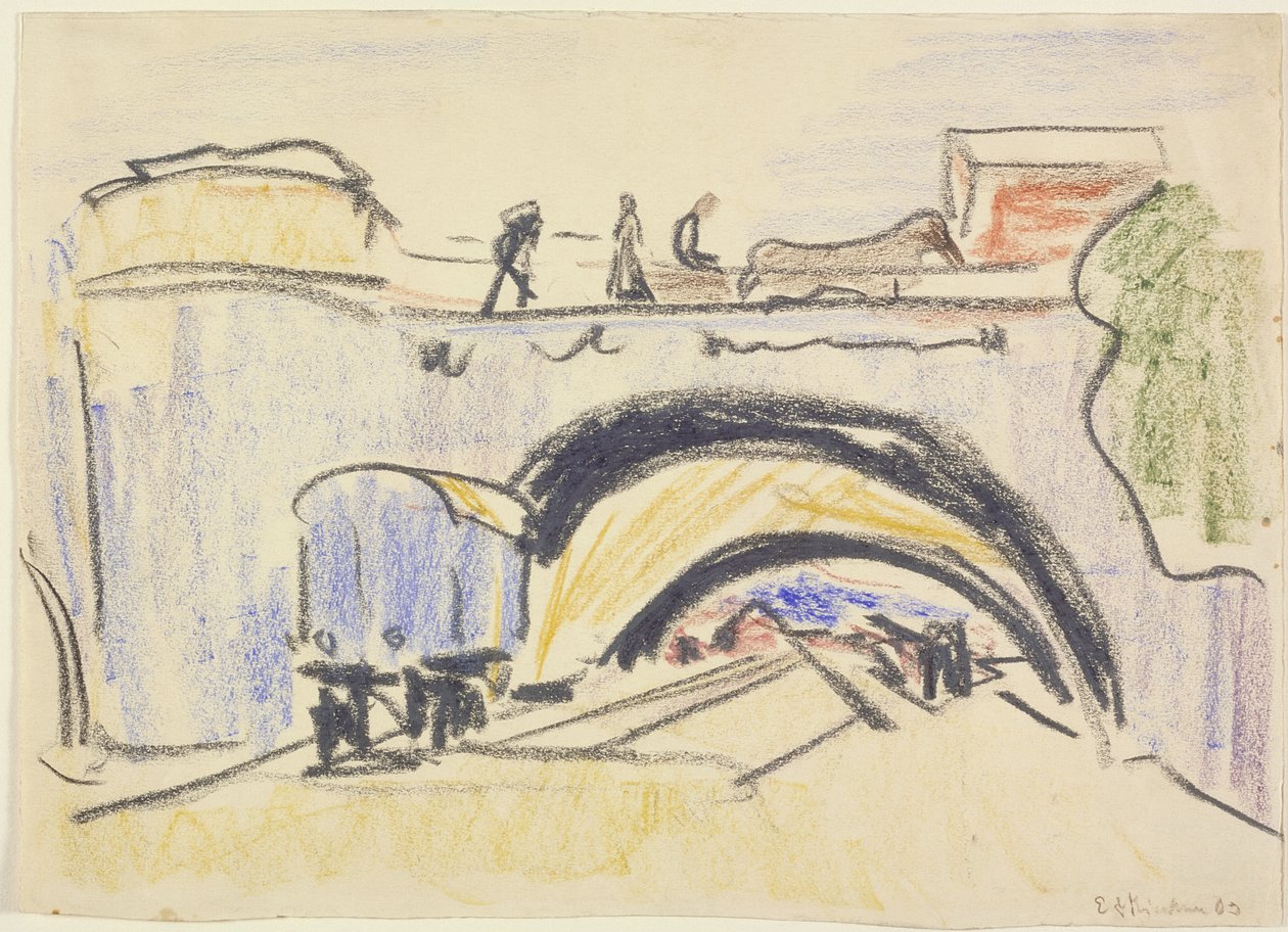 Railway and Bridge, 1903 (fargestift og kull på tungt vevd papir) av Ernst Ludwig Kirchner