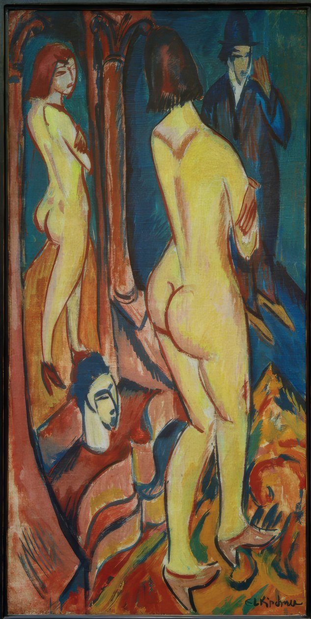 Naken bakfra med et speil og en mann av Ernst Ludwig Kirchner