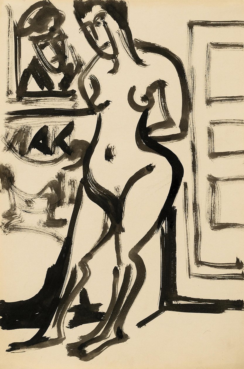 Står naken foran et bilde i studio av Ernst Ludwig Kirchner