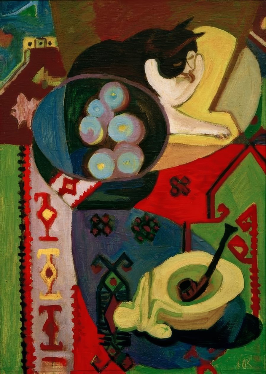 Stilleben med en katt og en pipe av Ernst Ludwig Kirchner