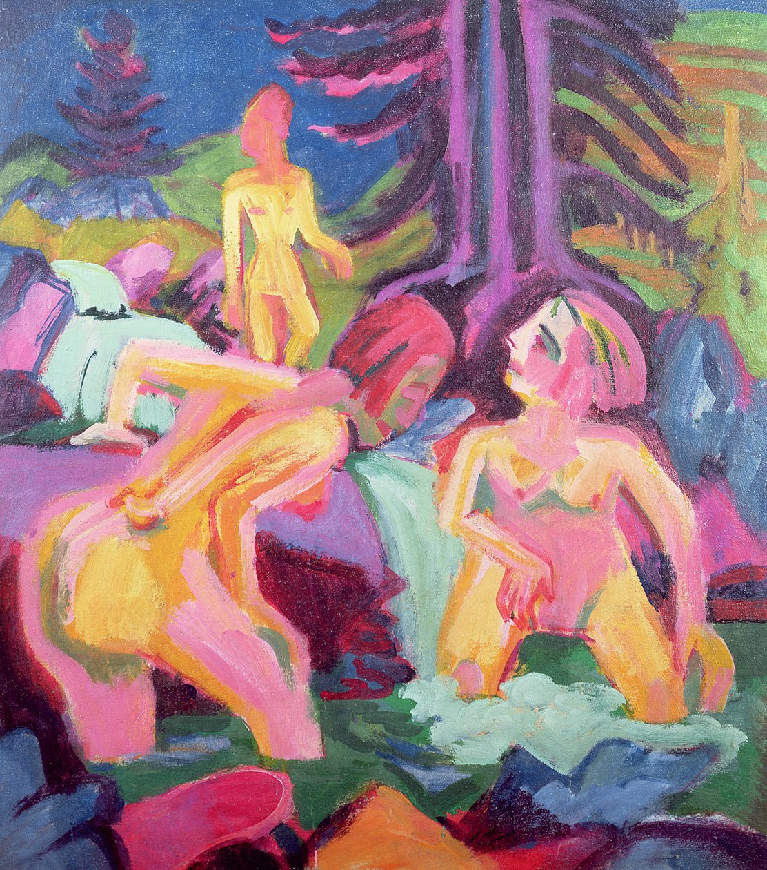 Tre badende i en bekk av Ernst Ludwig Kirchner
