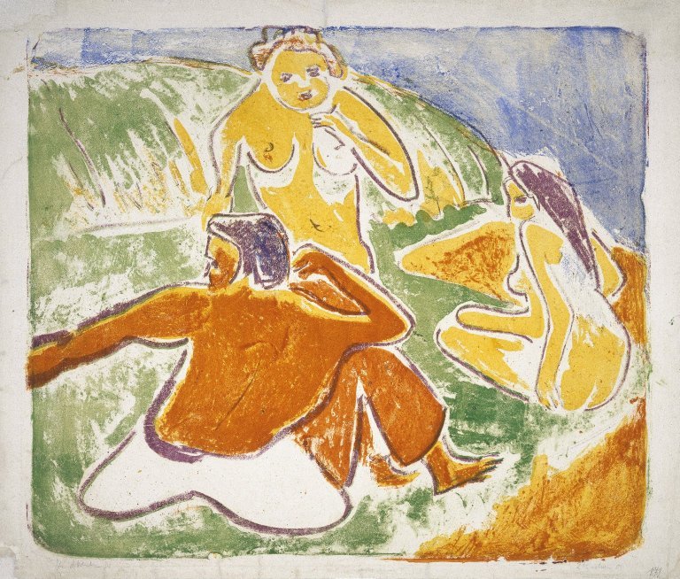 Tre badegjester på stranden av Ernst Ludwig Kirchner
