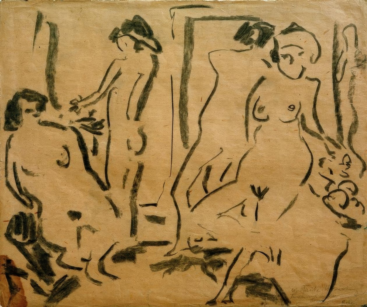 Fire kvinnelige nakenbilder i studio av Ernst Ludwig Kirchner