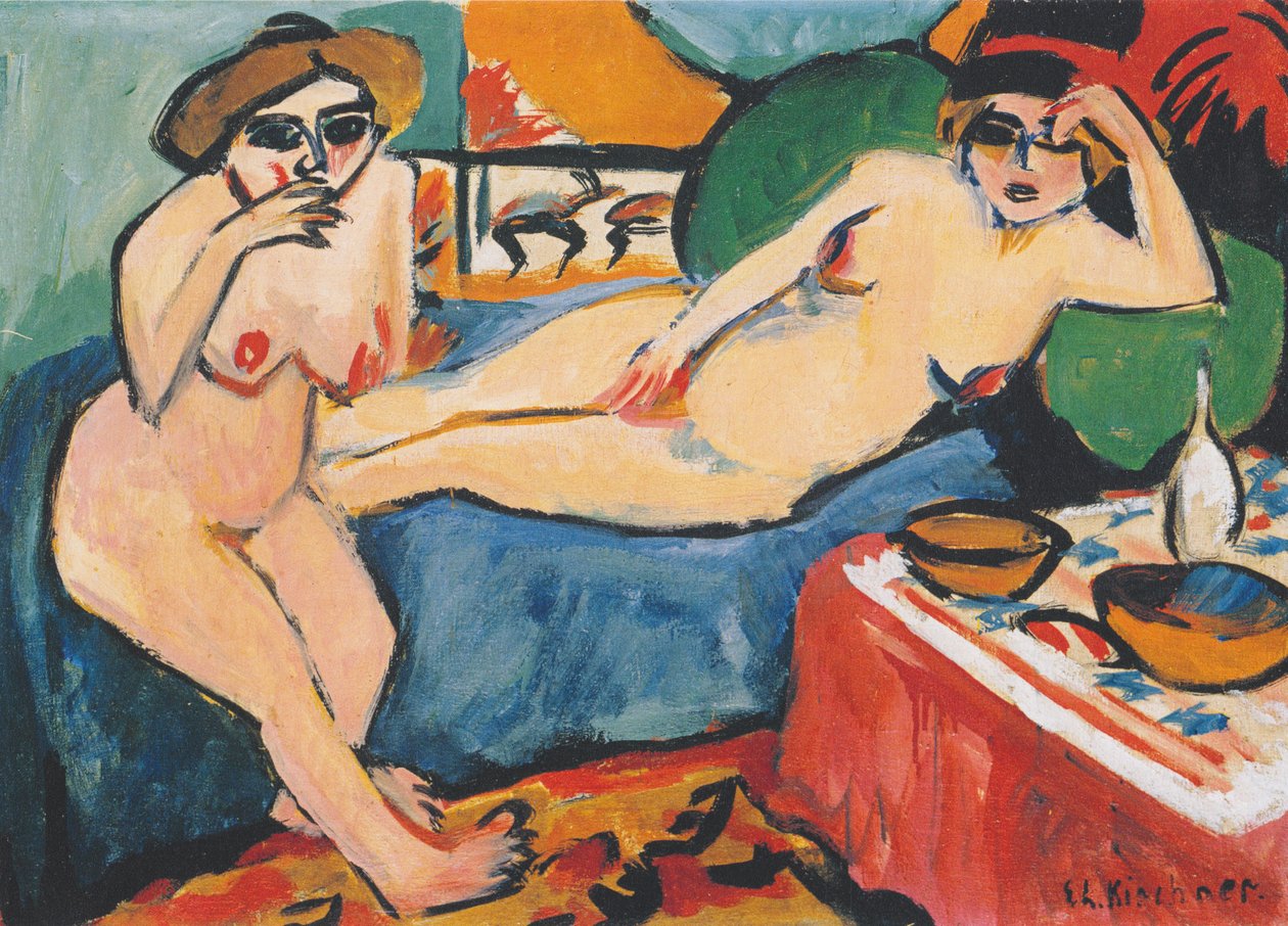 To nakenbilder på en blå sofa av Ernst Ludwig Kirchner