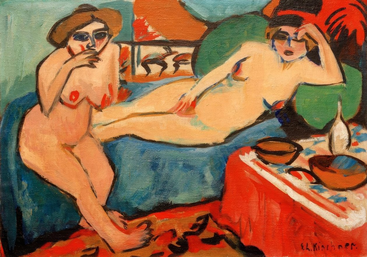 To nakenbilder på en blå sofa av Ernst Ludwig Kirchner