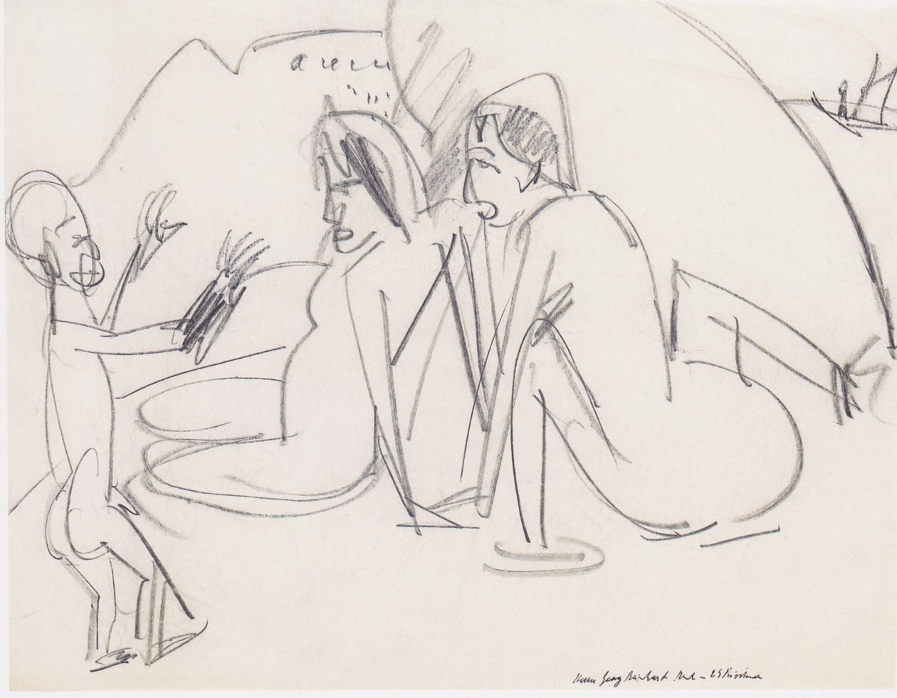 To kvinner og skulptur på stranden av Ernst Ludwig Kirchner