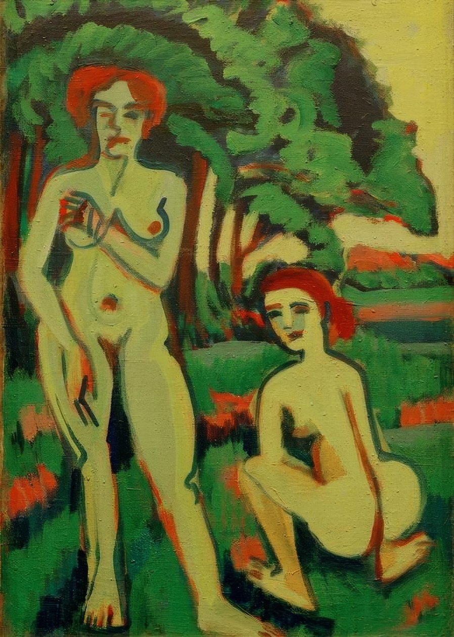 To grønne nakenbilder av jenter med rødt hår av Ernst Ludwig Kirchner