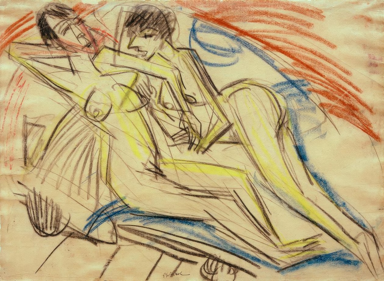 To nakne jenter på senga av Ernst Ludwig Kirchner