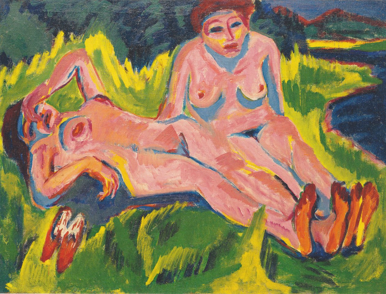To rosa nakenbilder ved innsjøen av Ernst Ludwig Kirchner
