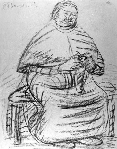 Gammel kvinne som strikker (kull på papir) (s/hv-bilde) av Ernst Barlach