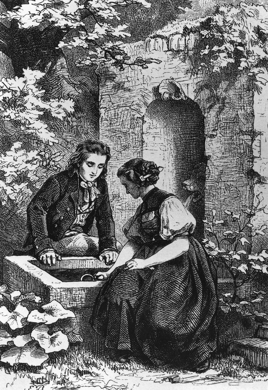 Hermann og Dorothy ved fontenen, illustrasjon for Hermann og Dorothea, idyll av Johann Wolfgang von Goethe (1749-1832), gravering etter tegning av Ernst Bosch (1834-1917) av Ernst Bosch