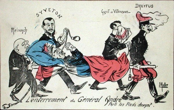 Begravelse av general Andre, utført med føtter først av Joseph Reinach (1856-1921), Gabriel Syveton (1864-1904), Guyot de Villeneuve og Alfred Dreyfus (1855-1935) 1913 (håndfarget etsning) av Ernst Emmanuel Muller