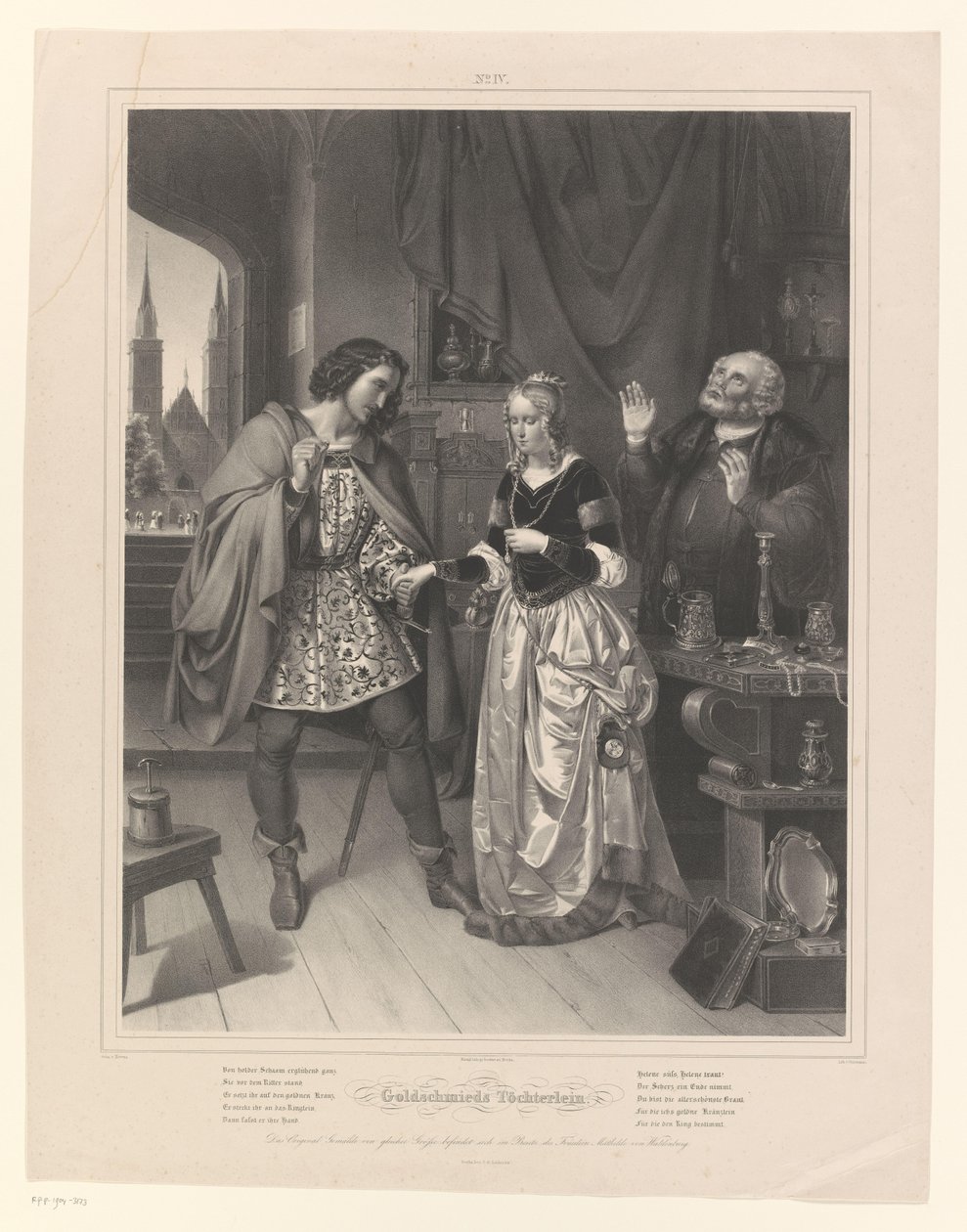 Mann ber om en kvinnes hånd Goldschmied's Töchterlein (tittel på objekt) Daughter of the goldsmith (serietittel) av Ernst Friedrich Oldermann
