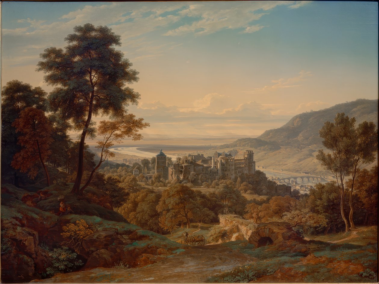 Heidelberg, slott og by fra øst med utsikt over Rhin-sletten av Ernst Fries