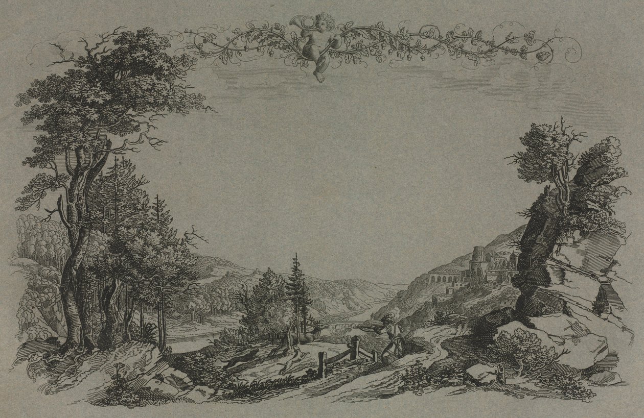 Seks utsikt over Heidelberg slott: Forside, jaktscene, 1820. av Ernst Fries