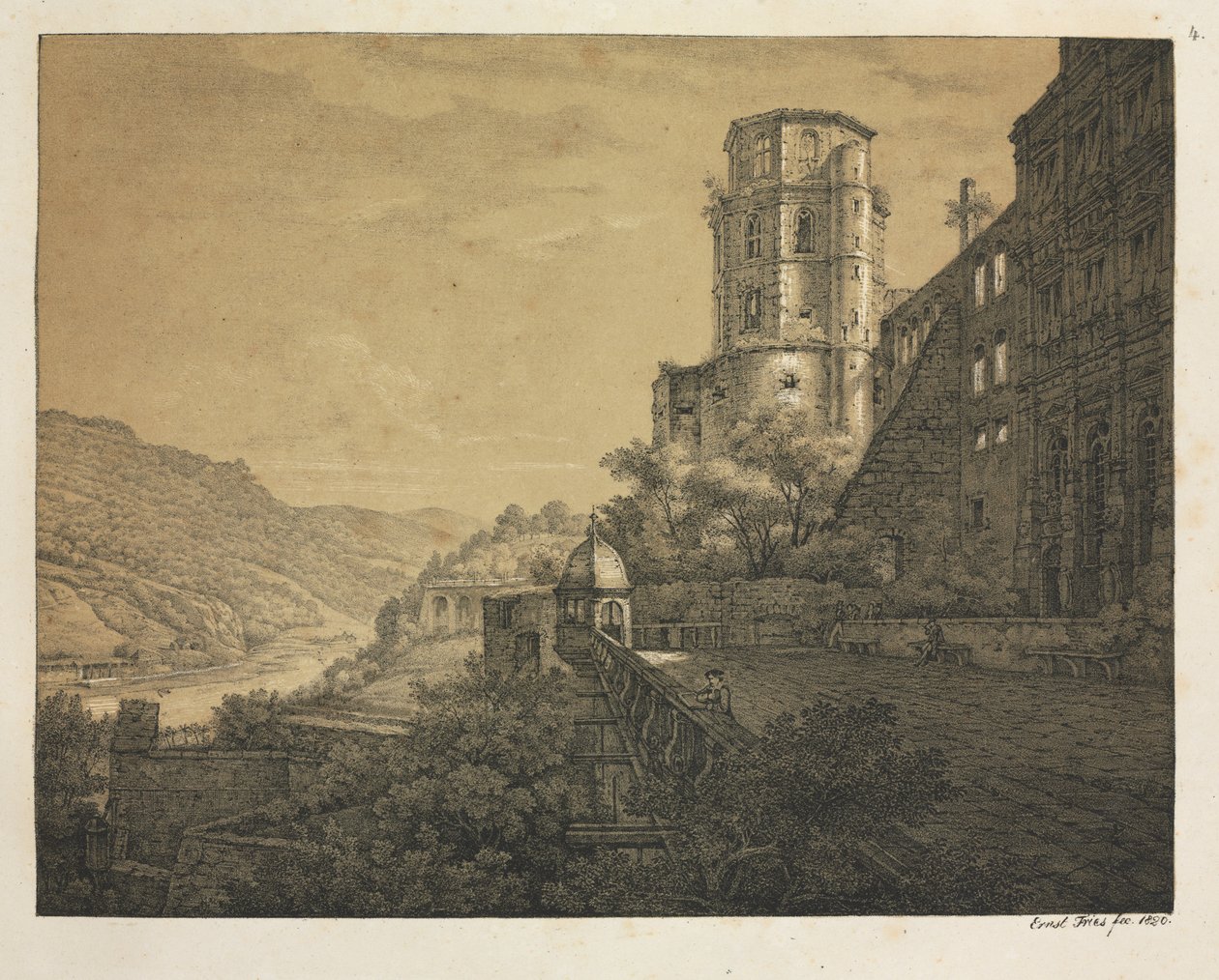 Seks utsikt over Heidelberg slott: Hagen, ved inngangen, 1820. av Ernst Fries