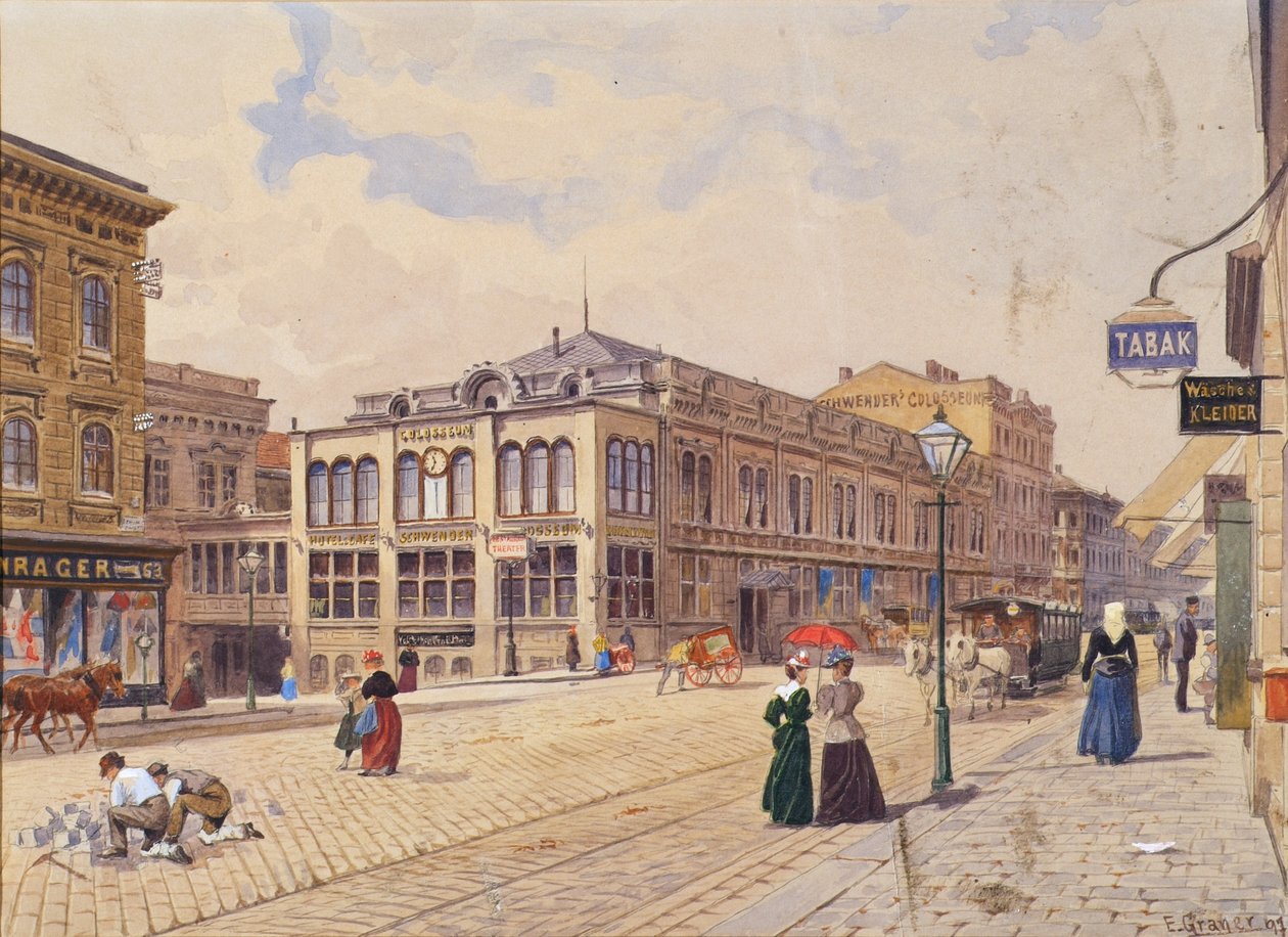 Schwendergasse i Wien med Schwenders Colosseum av Ernst Graner