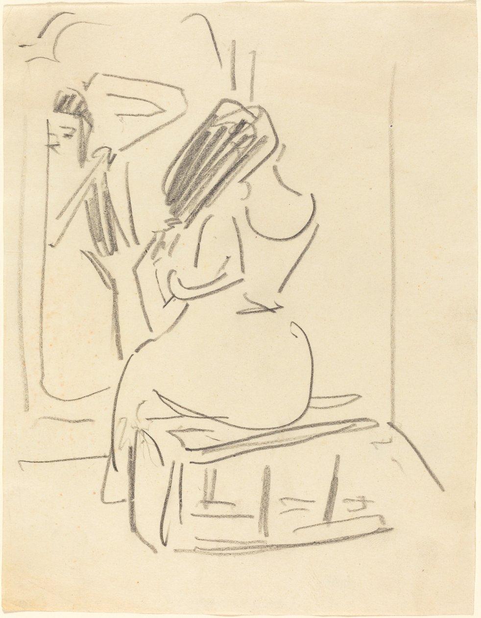 En kvinne som grer håret foran et speil, sent på 1800- og begynnelsen av 1900-tallet. av Ernst Ludwig Kirchner
