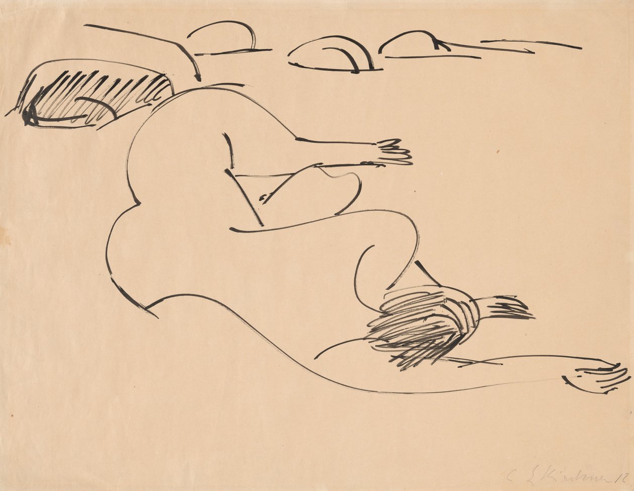Erna ligger på stranden blant steiner, 1912. av Ernst Ludwig Kirchner