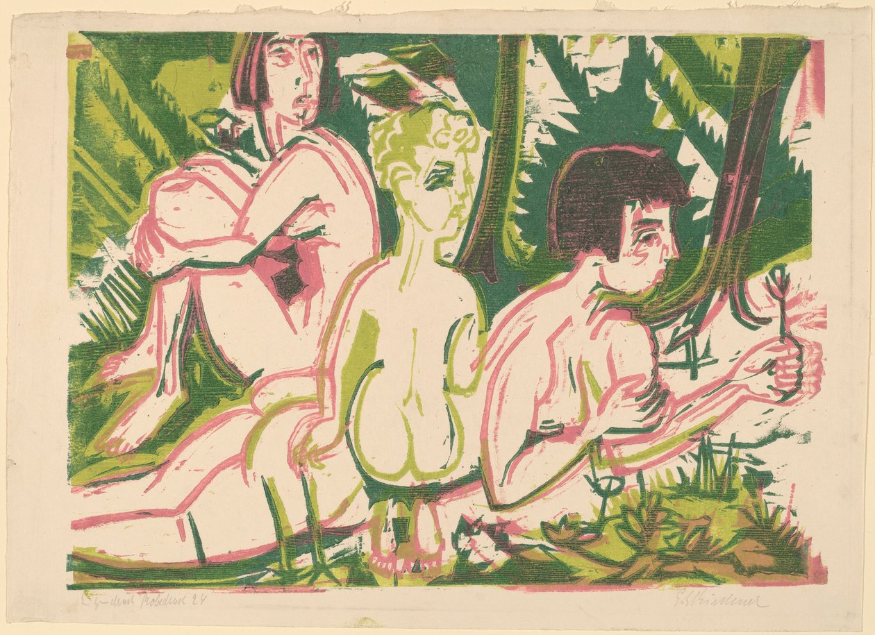 Nakne kvinner med et barn i skogen, 1925. av Ernst Ludwig Kirchner