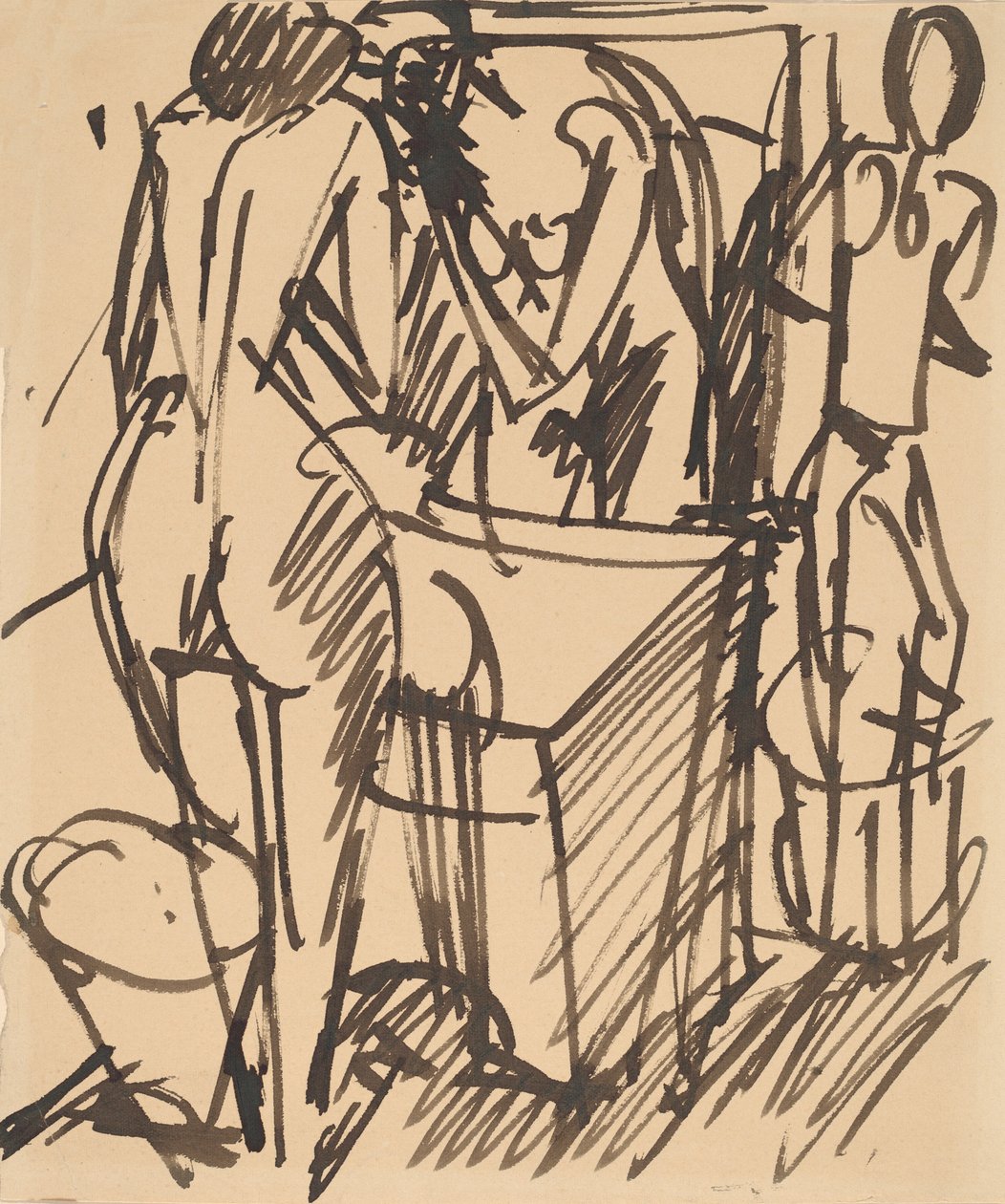 Naken med et speil, stående foran et vaskebord, 1908-1910. av Ernst Ludwig Kirchner