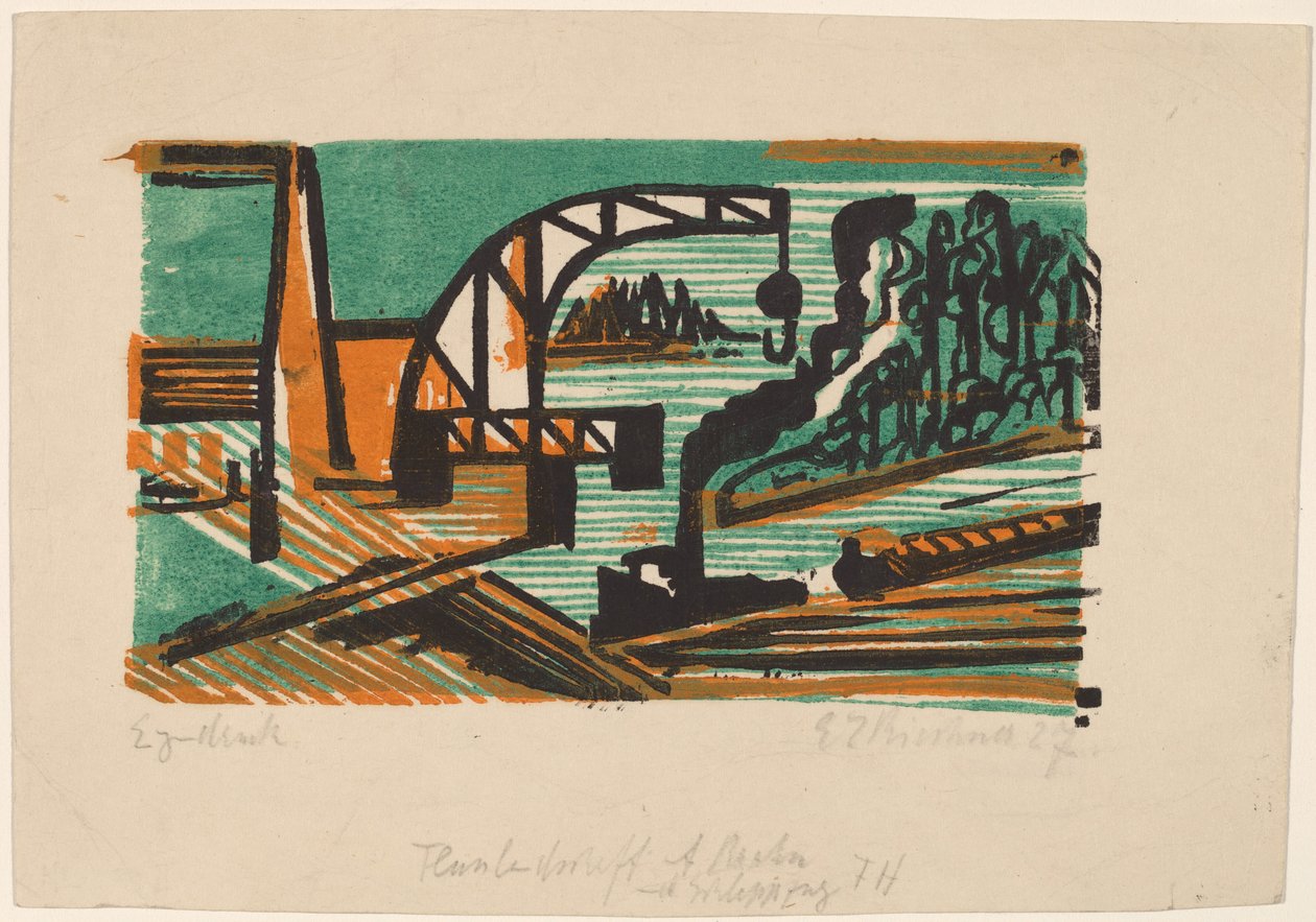 Elvelandskap med kran og lektere, 1927. av Ernst Ludwig Kirchner