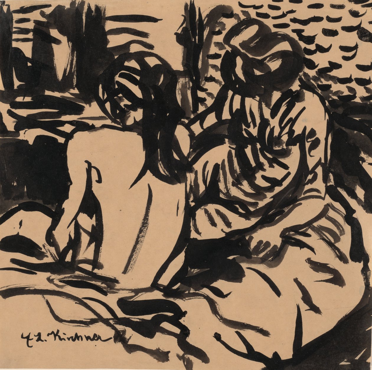 To nakenbilder på en seng Isabella og en yngre jente, ca. 1906. av Ernst Ludwig Kirchner