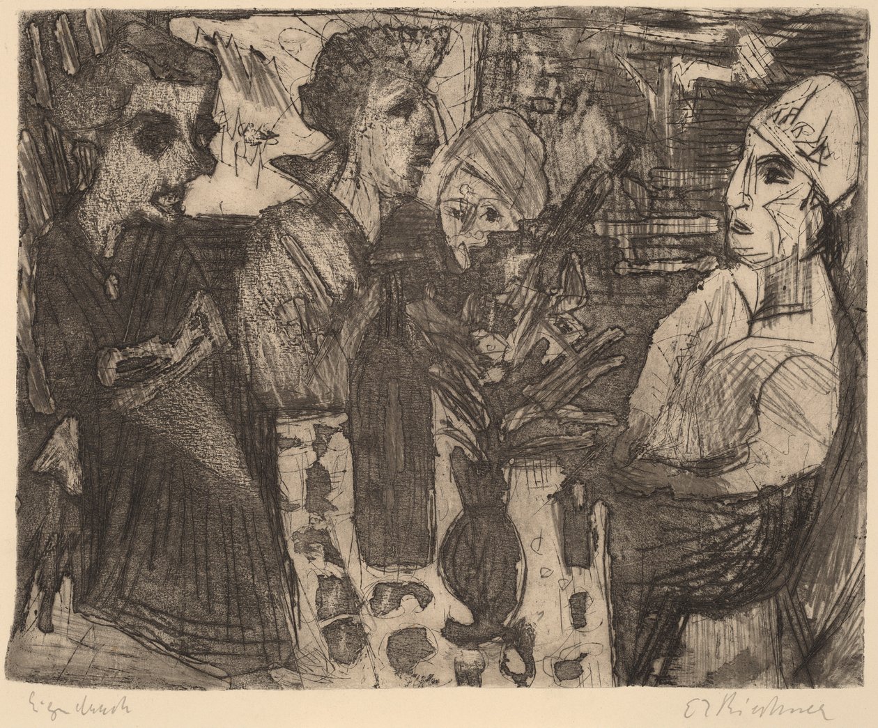 Kvinner ved et bord i et rom, 1920. av Ernst Ludwig Kirchner