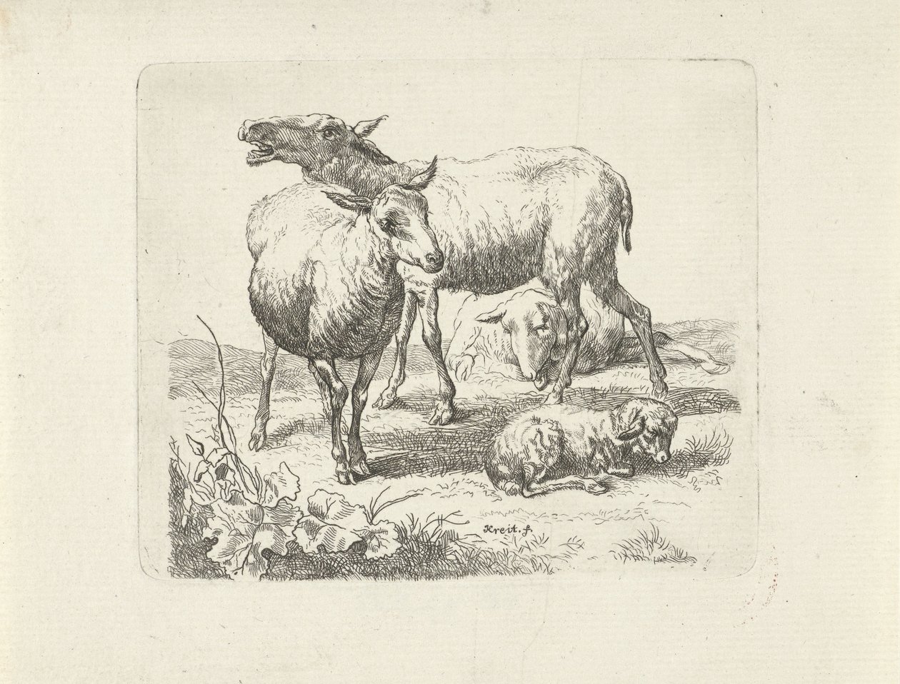 Tre sauer og et lam på en eng av Ernst Ludwig Creite